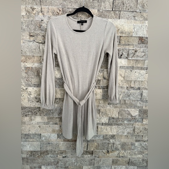 Dynamite Beige Ribbed Elegant Long Sleeve Dress Tied at the Waist - Picture 2 of 8